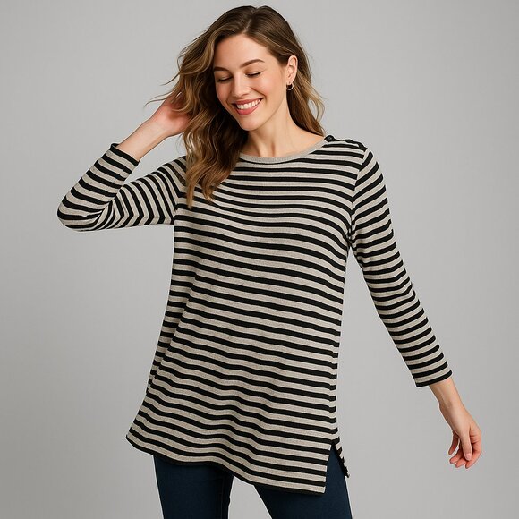 J. Jill Tops - J. Jill Black Gray Striped Cotton Sweater Tunic Medium Button Shoulder Preppy